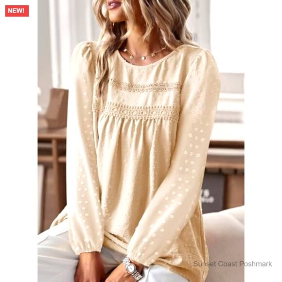 Swiss Dot Puff Sleeve Boho Top in Cream Crochet Lace Edges Coquette Spring New - Picture 2 of 7